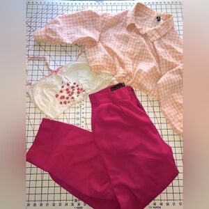 Chic Pink Gingham Blouse and Fuchsia Pants Set